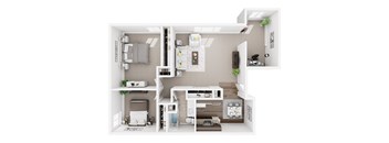 A white and grey floor plan of a small apartment with a kitchen, living room, and bedroom.