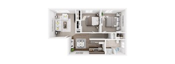 A top-down view of a small apartment with a kitchen, living room, and bedroom.