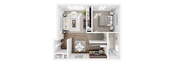 A white and brown floor plan of a small apartment.