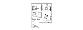 A floor plan of a house with a bedroom, living room, kitchen, and bathroom.
