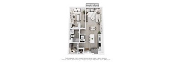 A 3D floor plan of a small apartment with a kitchen, living room, and bathroom.