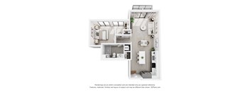 A 3D floor plan of a small apartment with a kitchen, living room, and bathroom.
