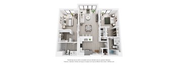 A 3D floor plan of a house with a kitchen, living room, and bathroom.