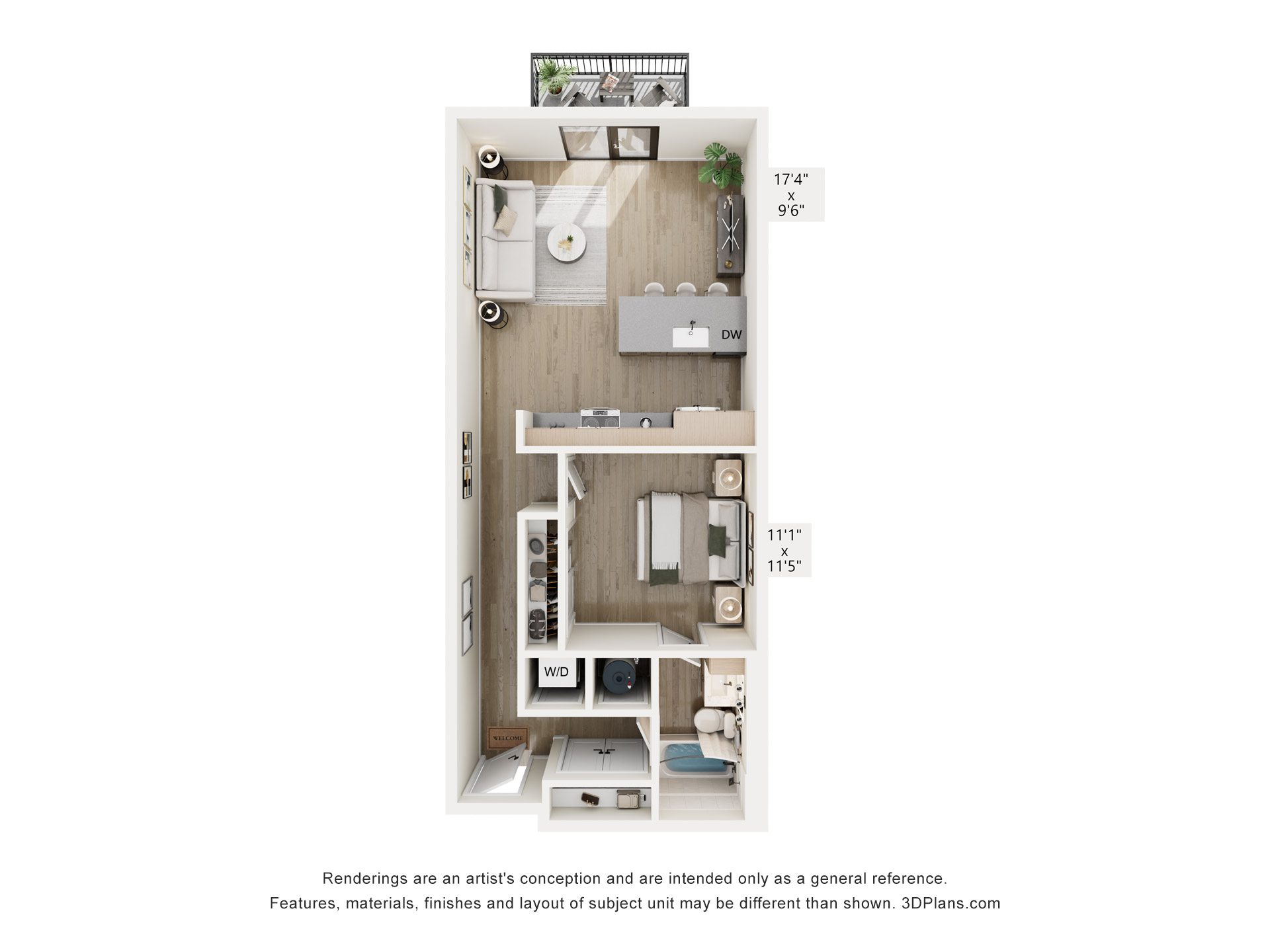 A 3D floor plan of a small apartment with a kitchen, living room, and bathroom.