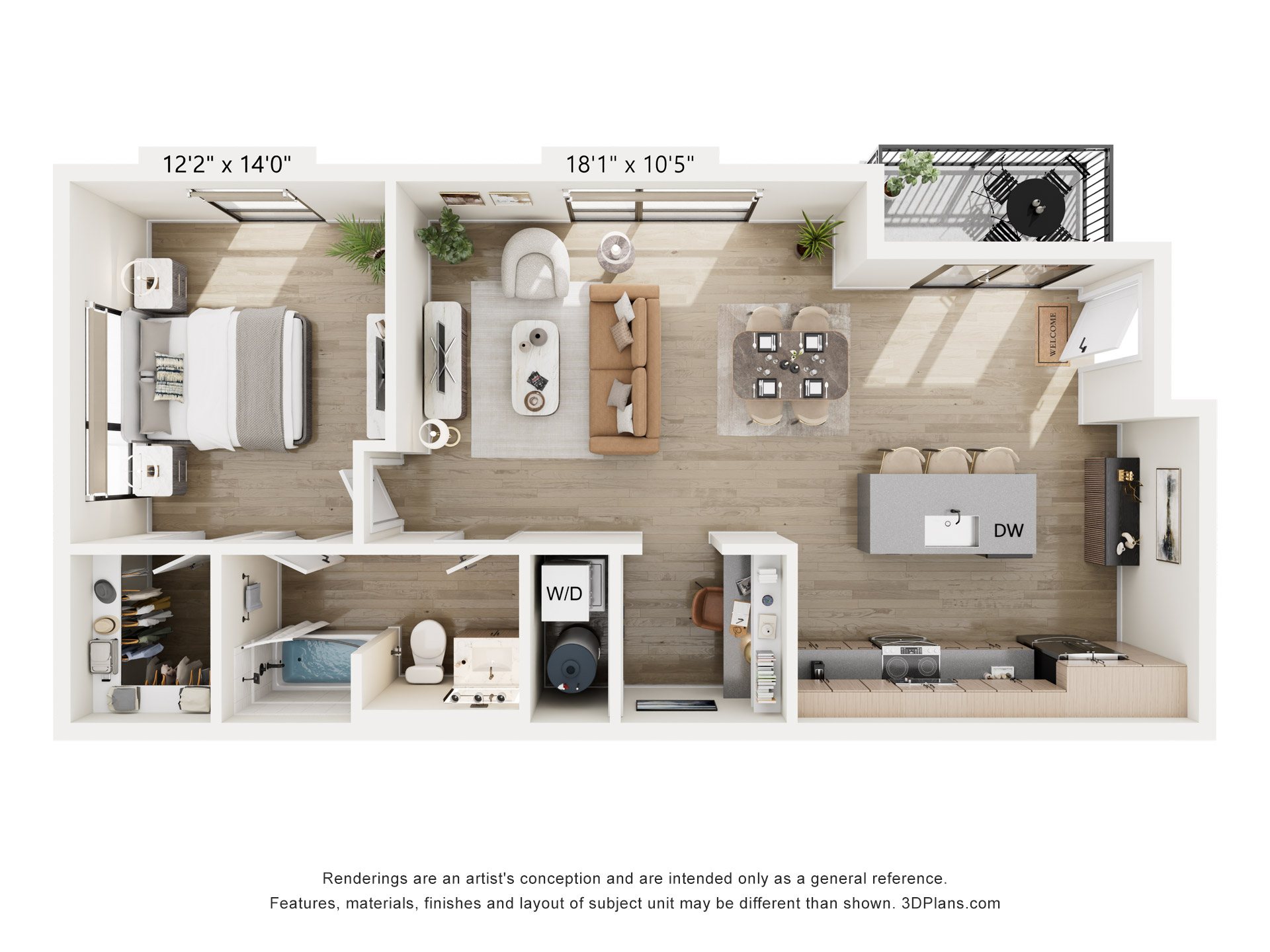 A 3D floor plan of a small apartment with a kitchen, living room, and bedroom.