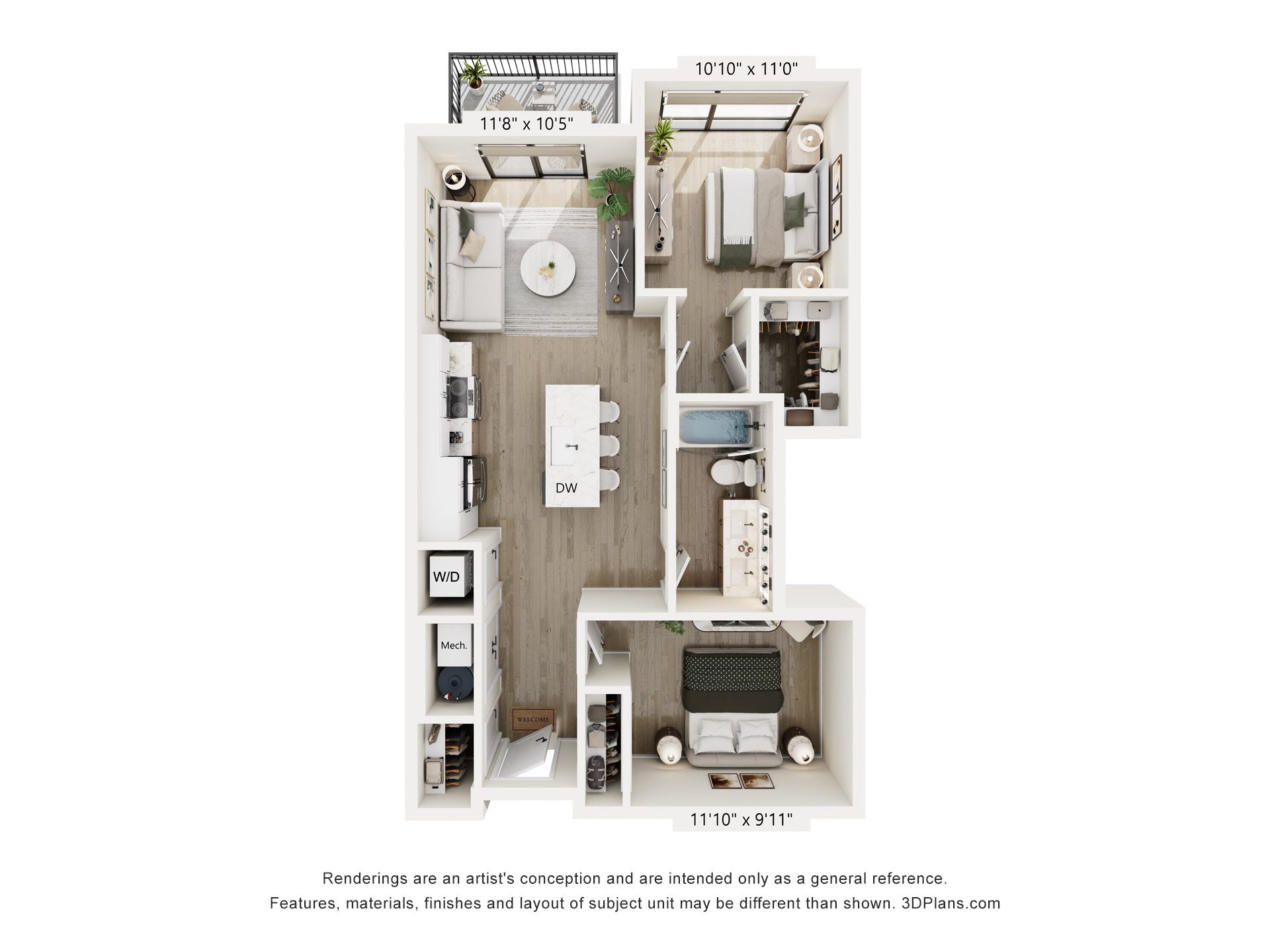 A 3D floor plan of a small apartment with a kitchen, living room, and bathroom.