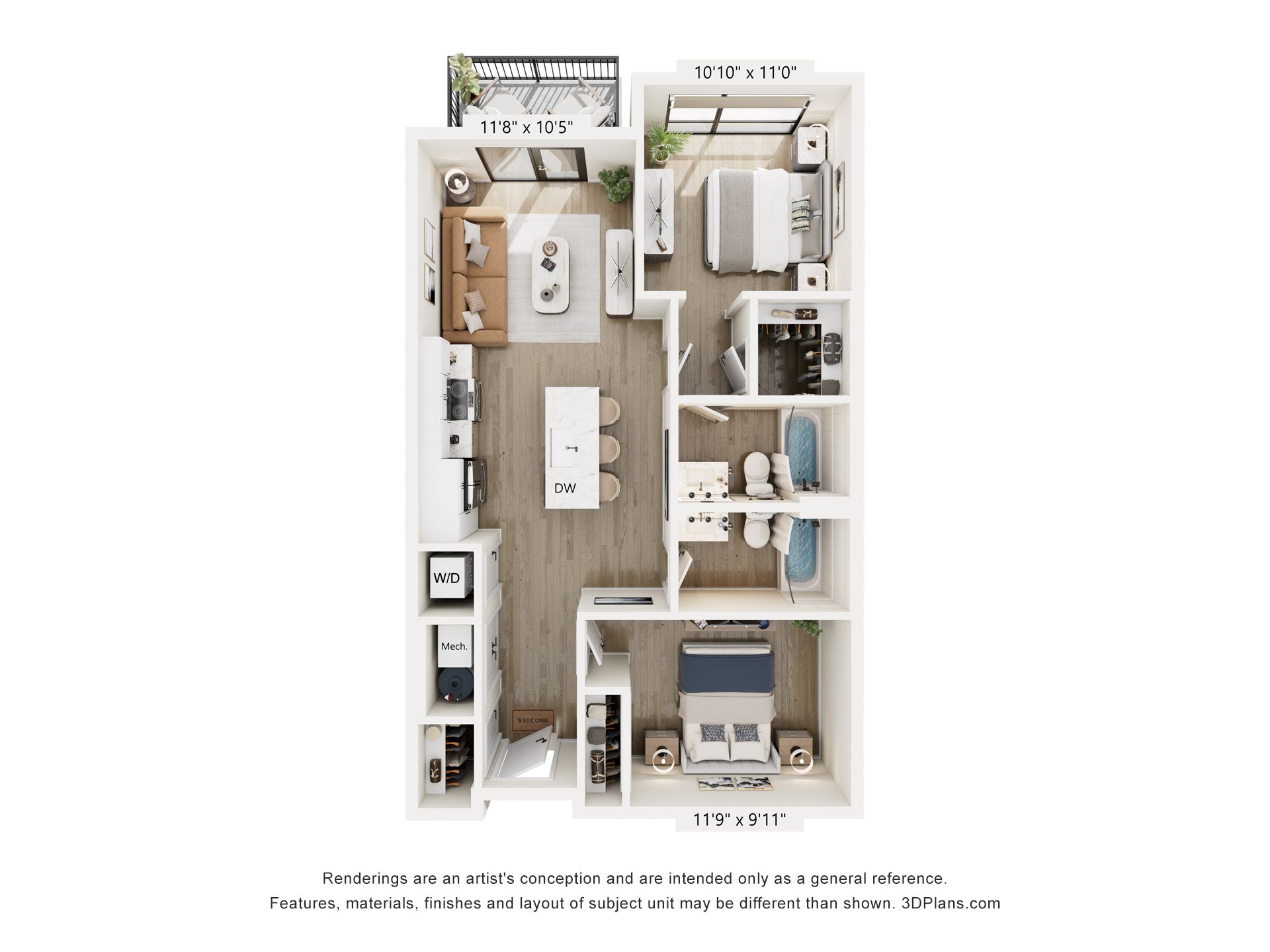 A 3D floor plan of a small apartment with a kitchen, living room, and two bedrooms.