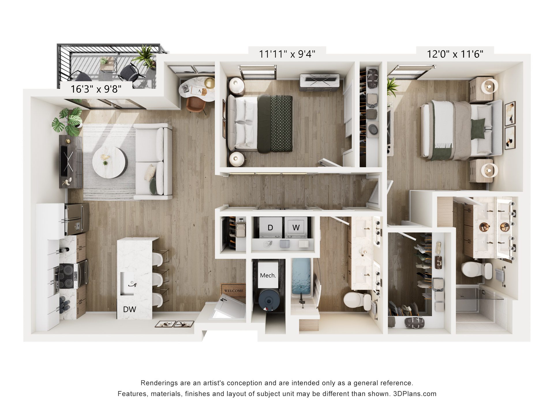 A 3D floor plan of a small apartment with a kitchen, living room, and bathroom.