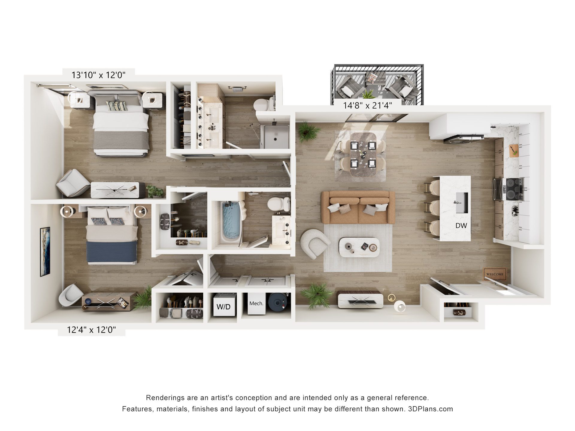 A 3D floor plan of a small apartment with a kitchen, living room, and two bedrooms.