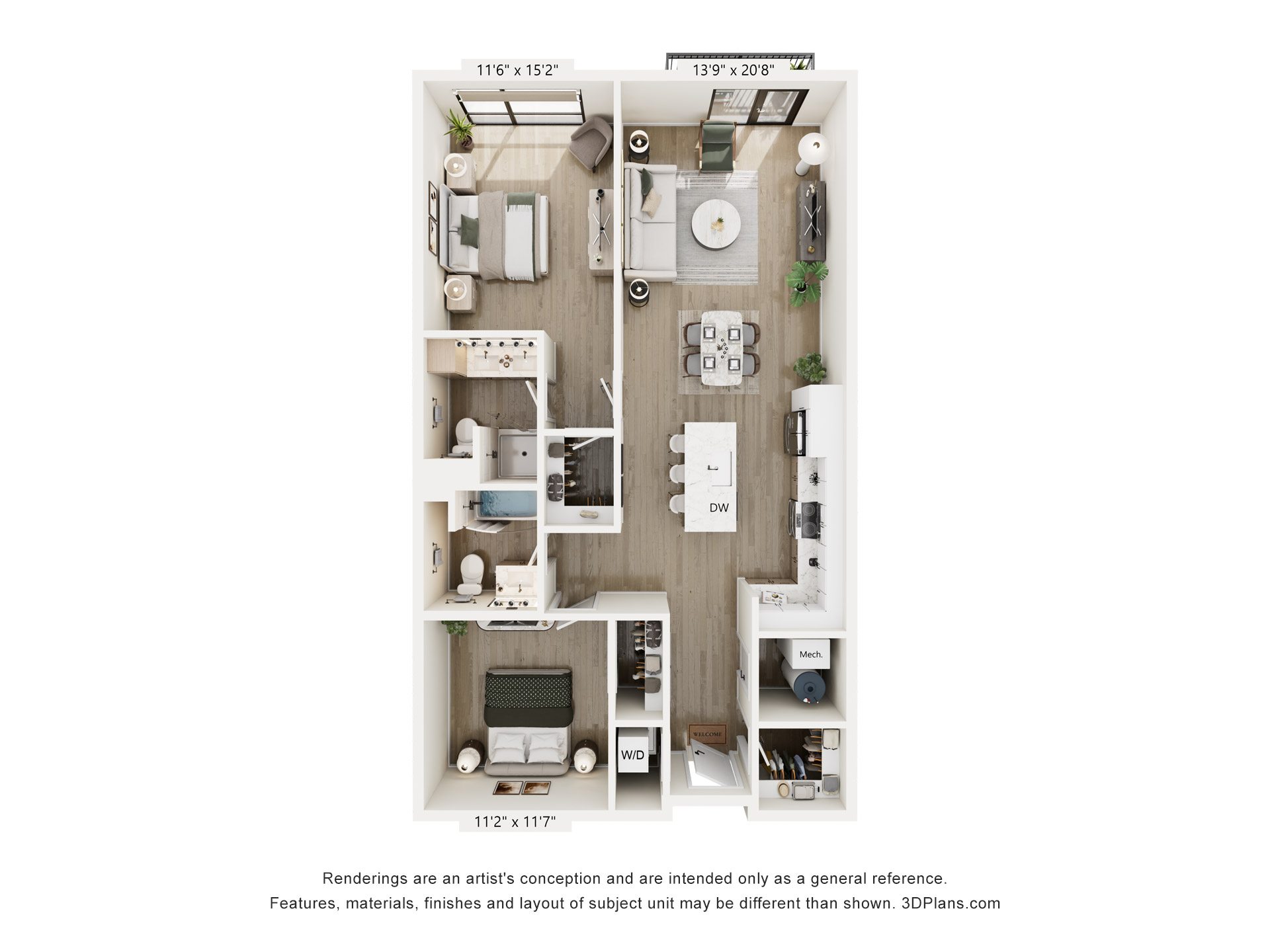 A 3D floor plan of a small apartment with a kitchen, living room, and bathroom.