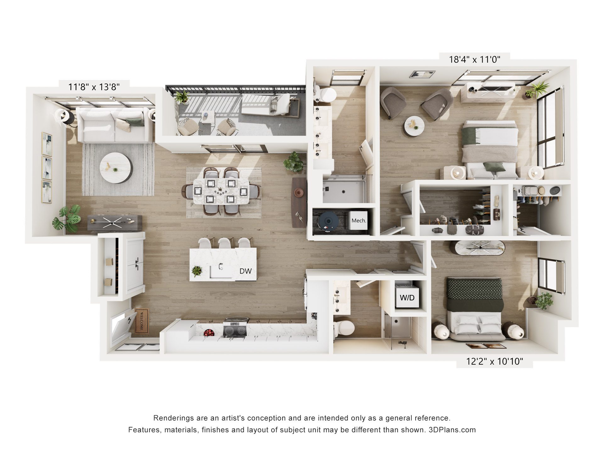 A 3D floor plan of a small apartment with a kitchen, living room, and bathroom.