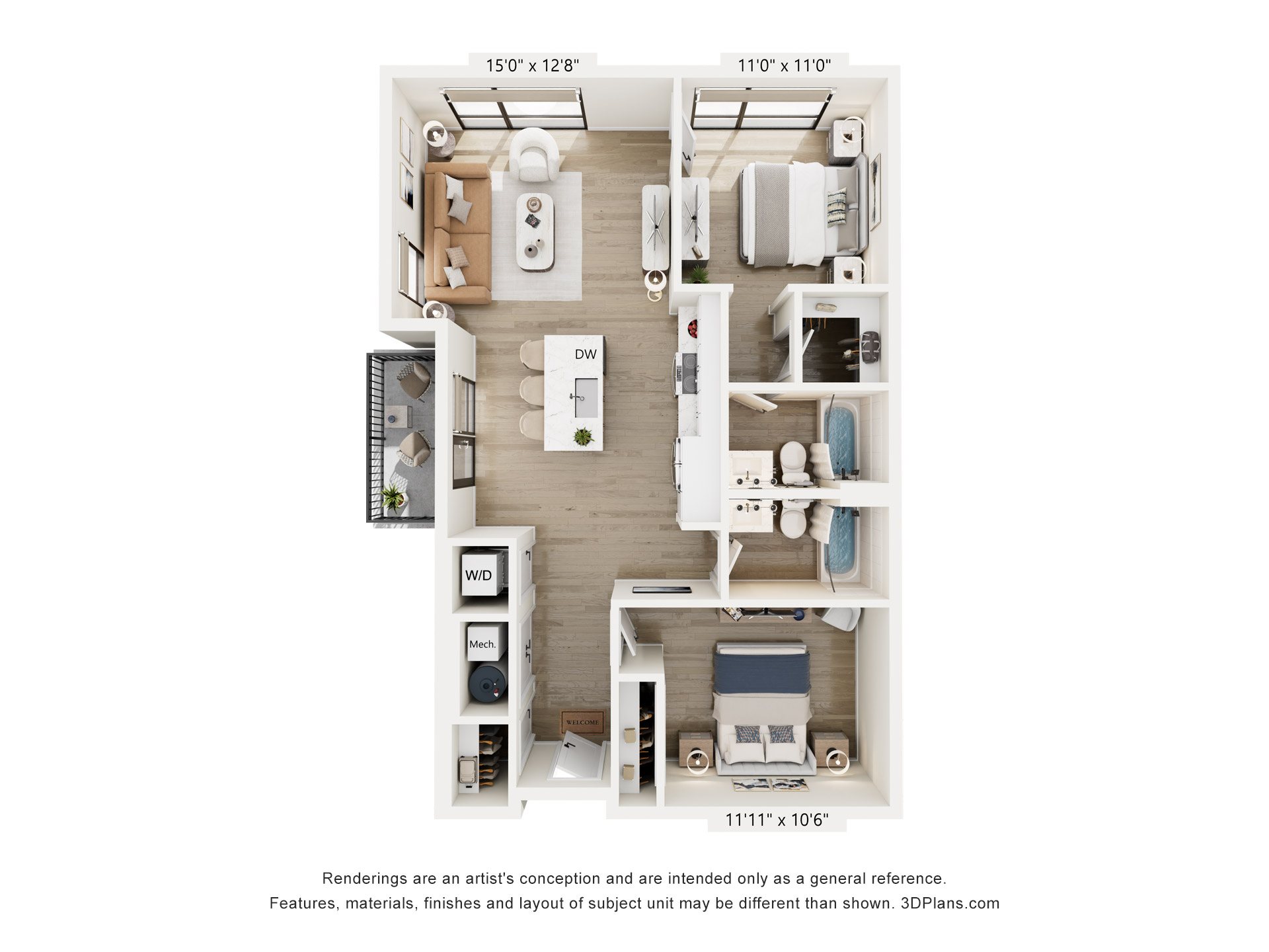 A 3D floor plan of a small apartment with a kitchen, living room, and bathroom.