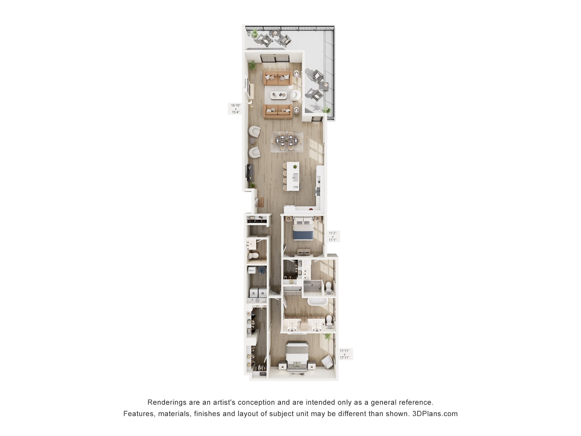 A floor plan of a house with a kitchen, living room, and three bedrooms.