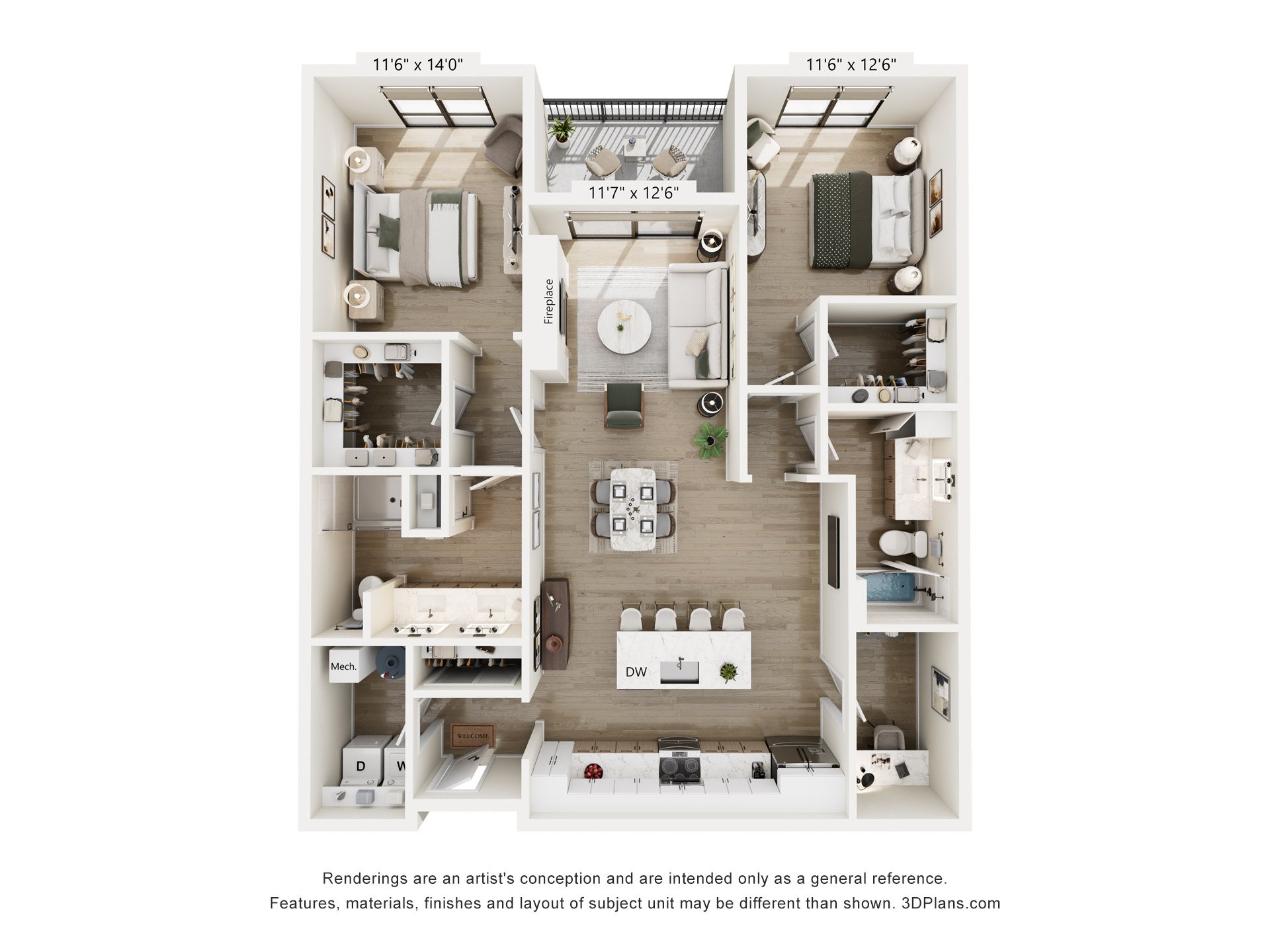 A 3D floor plan of a small apartment with a kitchen, living room, and two bedrooms.