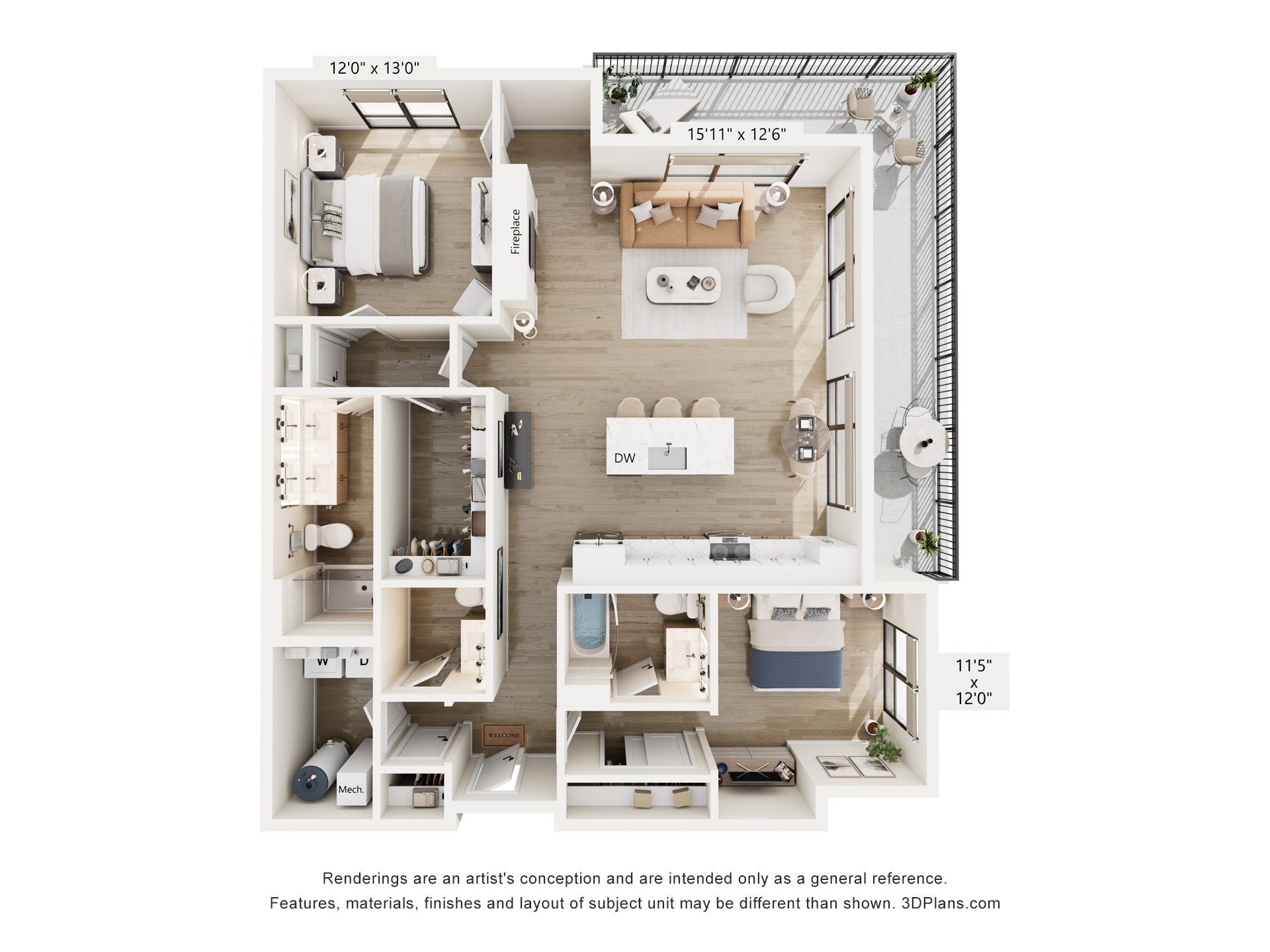 A 3D floor plan of a small apartment with a kitchen, living room, and two bedrooms.