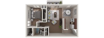 A 3D rendered image of a small apartment layout with a kitchen, living room, and bedroom.