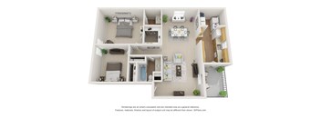 A 3D floor plan of a house with a kitchen, living room, and bedrooms.