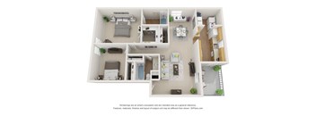 A 3D floor plan of a house with a kitchen, living room, and bedrooms.