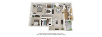 A 3D floor plan of a house with a kitchen, living room, and bedrooms.
