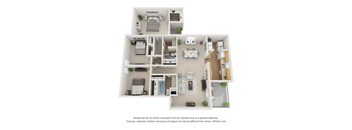 A 3D floor plan of a house with multiple rooms.