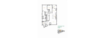 A floor plan of a 2 bedroom apartment with 2 bathrooms and a living room.