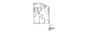 A floor plan of a 1403 square feet home with two bedrooms and two baths.