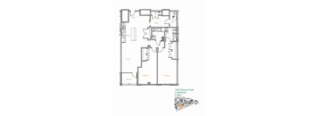 A floor plan of a 2 bedroom apartment with a study, living room, and bathroom.