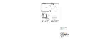 A floor plan of a 901 square foot home with one bedroom and one bath.