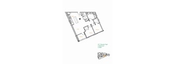 A floor plan of a 2 bedroom apartment with a living room, kitchen, and bathroom.