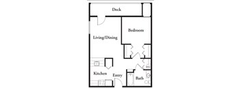 A floor plan of a house with a deck, bedroom, living/dining area, kitchen, and bathroom.
