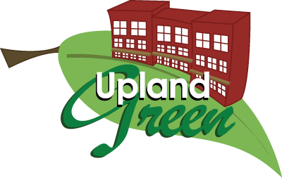 A logo with a red building and green text that reads "Upland Green".
