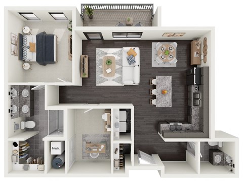 a 3d rendering of a floor plan with a bedroom and living room