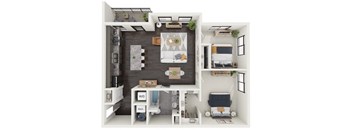 the aerial view of the 1st floor of a 1 bedroom apartment