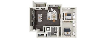 a rendering of the 1 bedroom floor plan with the living room and dining room separated