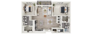 arial view of a living room with furniture and a dining room