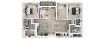 a 3d rendering of the living room and dining room of an apartment