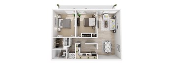 A top-down view of a small apartment with a kitchen, living room, and bedroom.