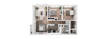 A 3D floor plan of a modern apartment layout.