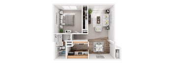 A modern, white-themed apartment layout with a kitchen, living room, and bedroom.