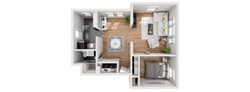 a stylized floor plan with a bedroom and a living room