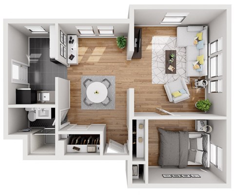 a stylized floor plan with a bedroom and a living room