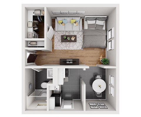 the bungalow floor plan with bedroom and living room