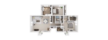 A white floor plan of a house with a kitchen, living room, and bedrooms.