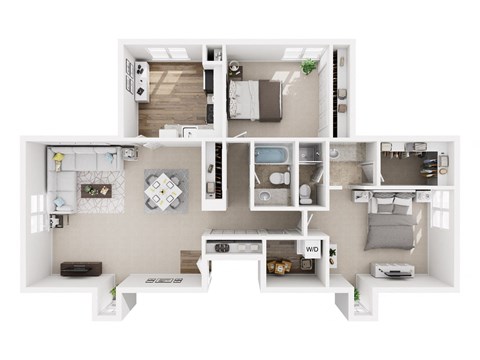 A white floor plan of a house with a kitchen, living room, and bedrooms.