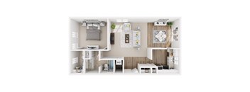 A modern apartment layout with a bedroom, living room, and kitchen.