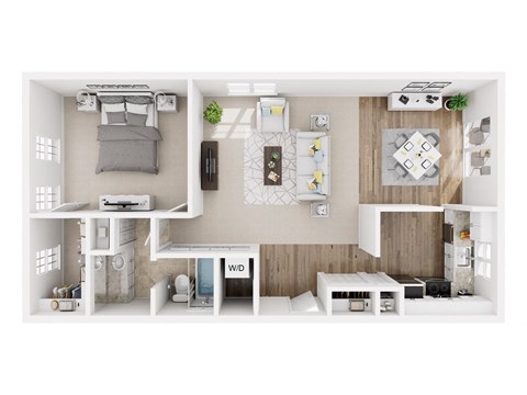 A modern apartment layout with a bedroom, living room, and kitchen.