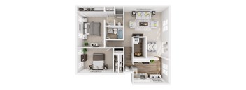 A set of four images showing different layouts of a small apartment.