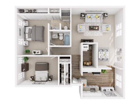 A set of four images showing different layouts of a small apartment.