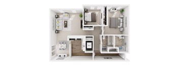 A top-down view of a modern apartment layout with a kitchen, living room, and bathroom.