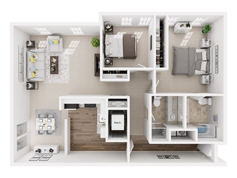 A top-down view of a modern apartment layout with a kitchen, living room, and bathroom.